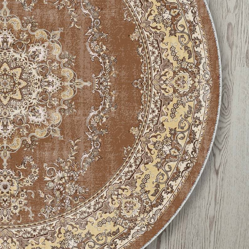 Light blue oriental floral round rug for a faded, vintage bohemian vibe