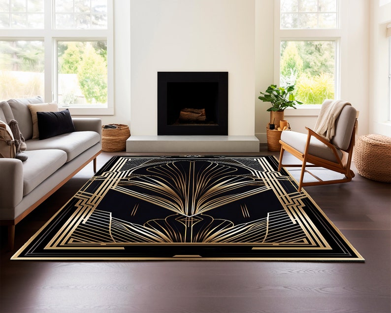 Luxury Art Deco Rug – Black Gold Glam Carpet with 1920s Geometric Pattern