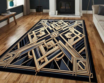 Art Deco Lattice Rug – Black Gold Glam Entry Carpet with Metallic Medallion