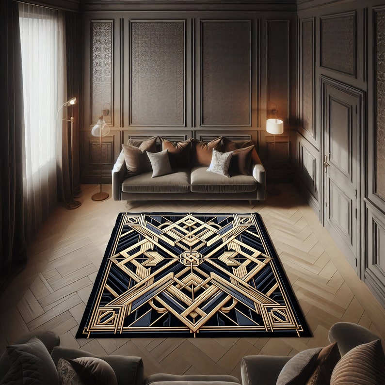 Art Deco Lattice Rug – Black Gold Glam Entry Carpet with Metallic Medallion