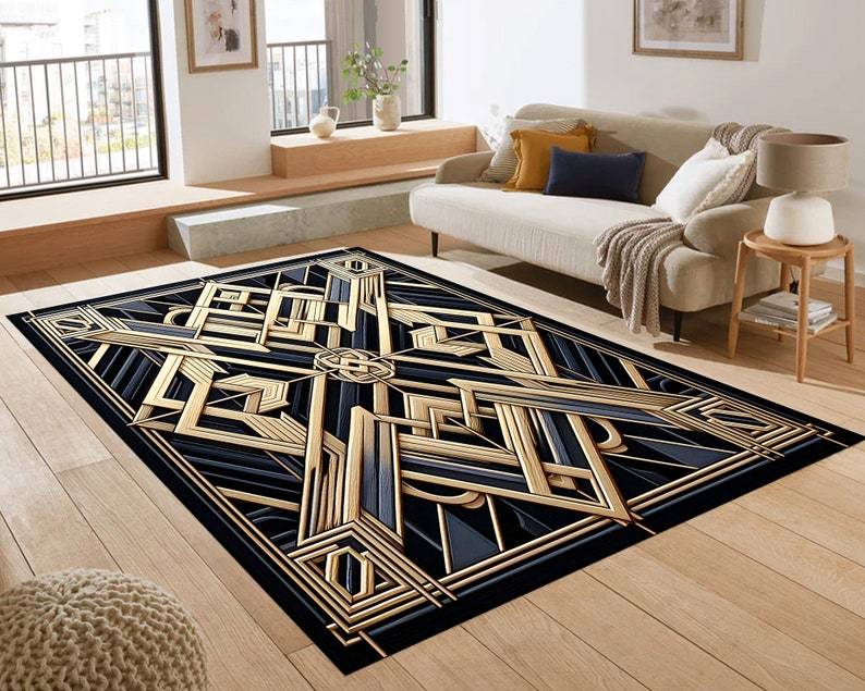 Art Deco Lattice Rug – Black Gold Glam Entry Carpet with Metallic Medallion