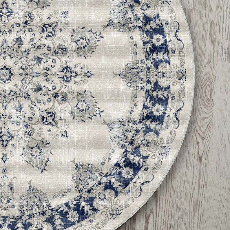 Navy blue and white round rug for a distressed, vintage bohemian vibe