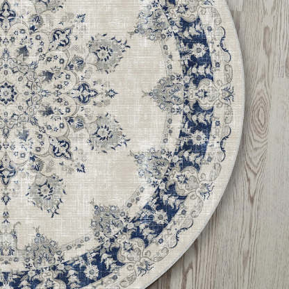 Navy blue and white round rug for a distressed, vintage bohemian vibe