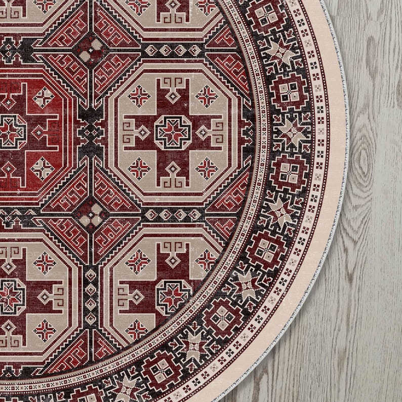 Red Kilim Pattern Round Rug For A Tribal, Country, Bohemian Vibe