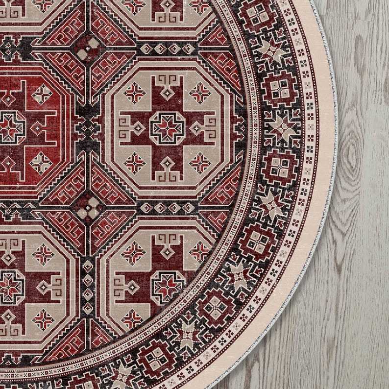 Red Kilim Pattern Round Rug For A Tribal, Country, Bohemian Vibe