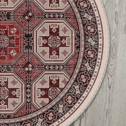 Red Kilim Pattern Round Rug For A Tribal, Country, Bohemian Vibe