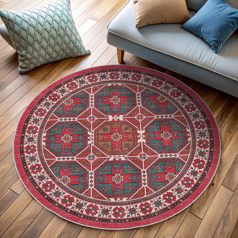 Red Kilim Pattern Round Rug For A Tribal, Country, Bohemian Vibe
