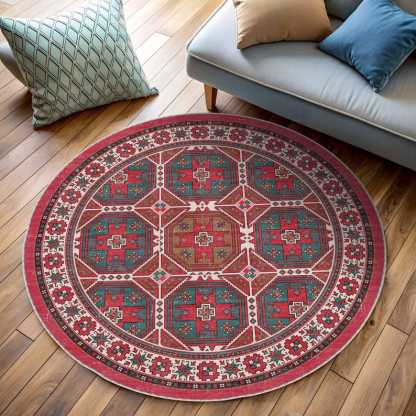Red Kilim Pattern Round Rug For A Tribal, Country, Bohemian Vibe