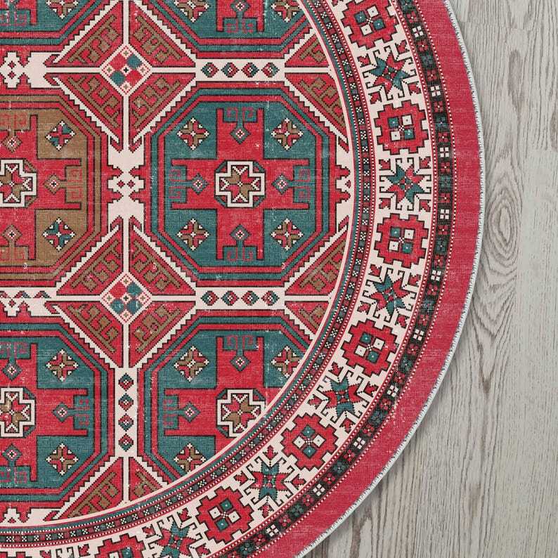 Red Kilim Pattern Round Rug For A Tribal, Country, Bohemian Vibe