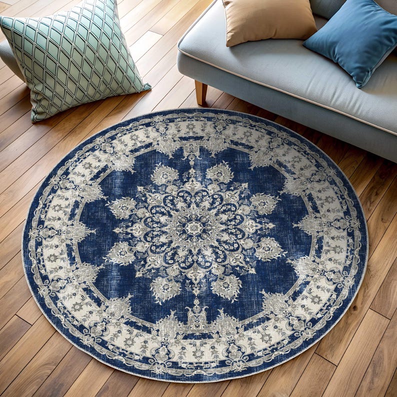 Navy blue and white round rug for a distressed, vintage bohemian vibe