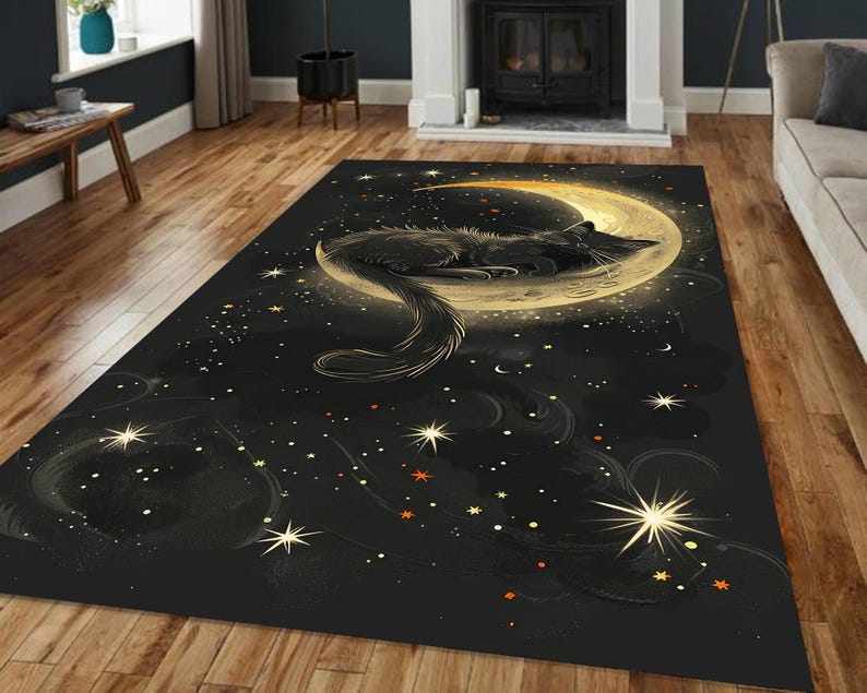 Black Cat Rug – Crescent Moon Celestial Design for Cozy Cat Lover Decor