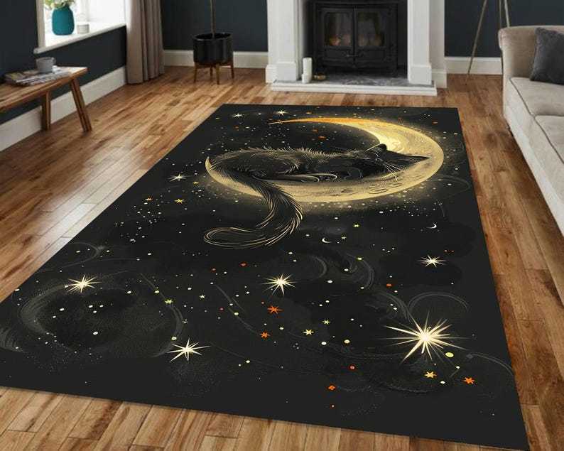 Black Cat Rug – Crescent Moon Celestial Design for Cozy Cat Lover Decor
