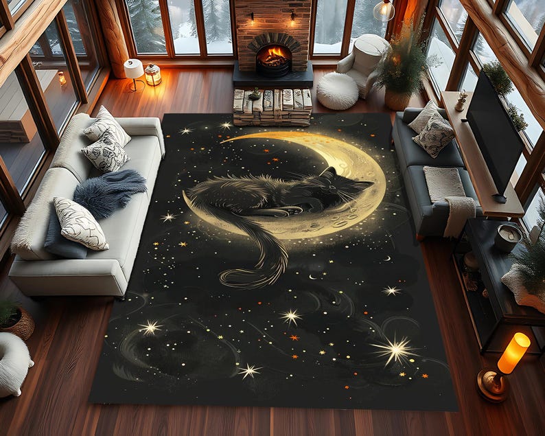 Black Cat Rug – Crescent Moon Celestial Design for Cozy Cat Lover Decor