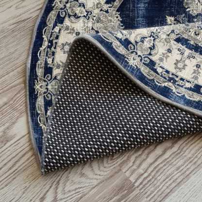 Navy blue and white round rug for a distressed, vintage bohemian vibe