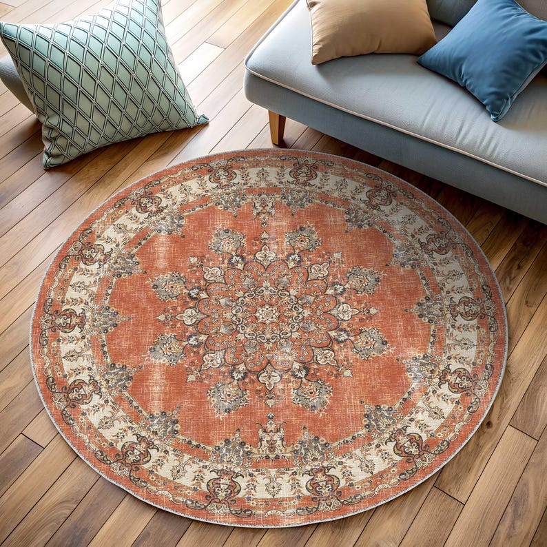 Navy blue and white round rug for a distressed, vintage bohemian vibe