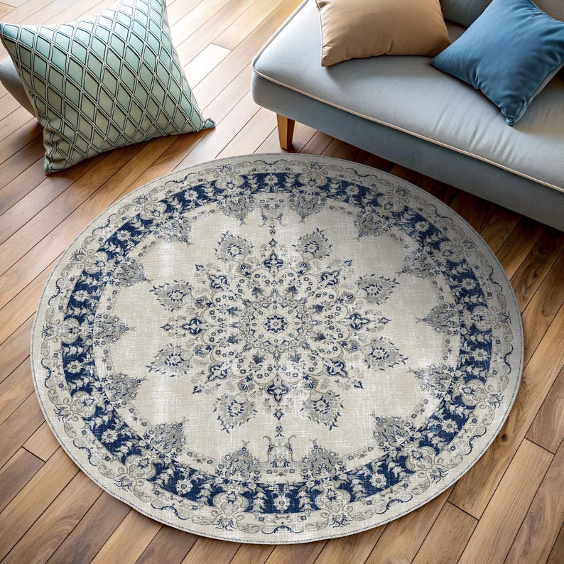 Navy blue and white round rug for a distressed, vintage bohemian vibe