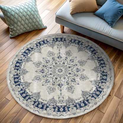 Navy blue and white round rug for a distressed, vintage bohemian vibe