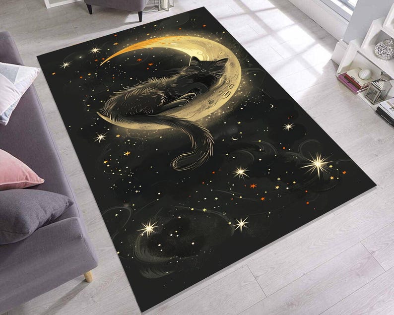 Black Cat Rug – Crescent Moon Celestial Design for Cozy Cat Lover Decor