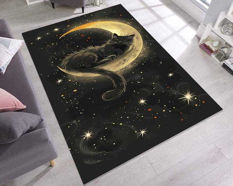 Black Cat Rug – Crescent Moon Celestial Design for Cozy Cat Lover Decor