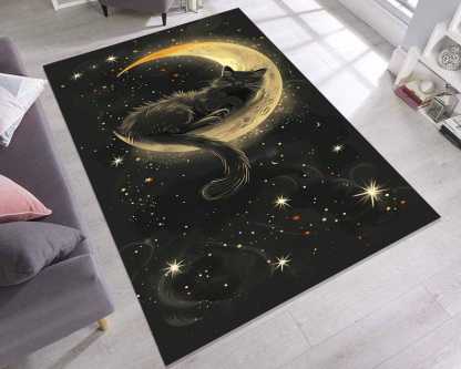 Black Cat Rug – Crescent Moon Celestial Design for Cozy Cat Lover Decor