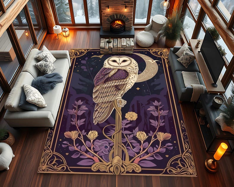 Barn Owl Night Sky Rug – Mystic Forest Guardian Carpet with Red Moon Scene