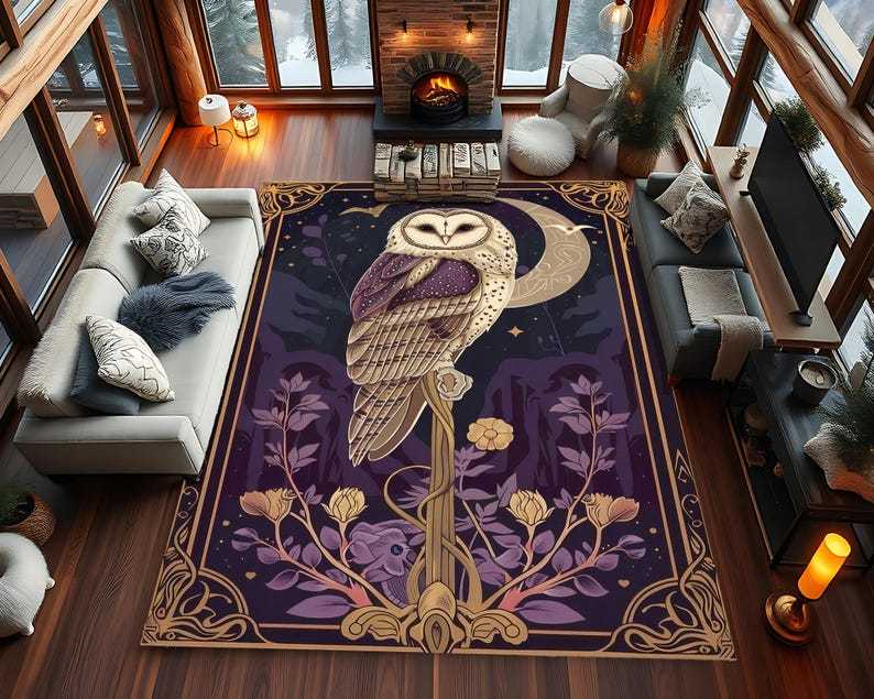 Barn Owl Night Sky Rug – Mystic Forest Guardian Carpet with Red Moon Scene