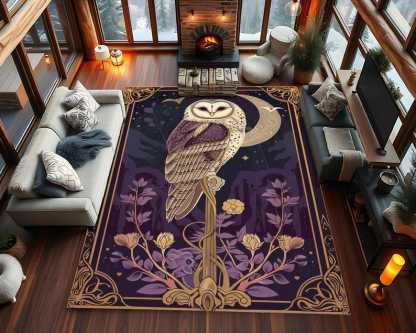 Barn Owl Night Sky Rug – Mystic Forest Guardian Carpet with Red Moon Scene