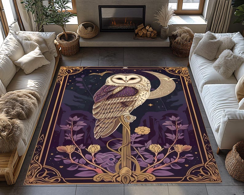 Barn Owl Night Sky Rug – Mystic Forest Guardian Carpet with Red Moon Scene