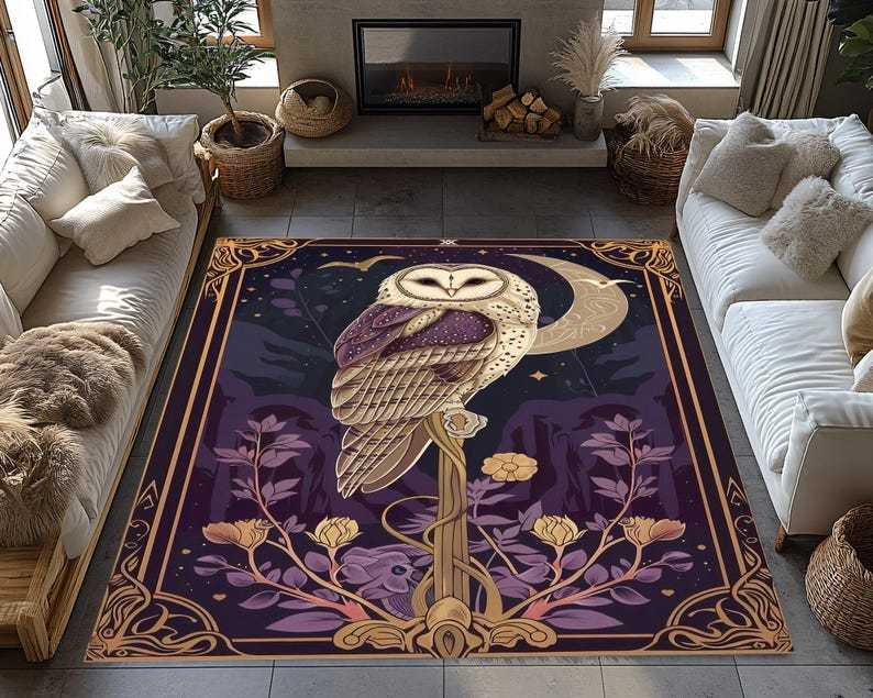 Barn Owl Night Sky Rug – Mystic Forest Guardian Carpet with Red Moon Scene