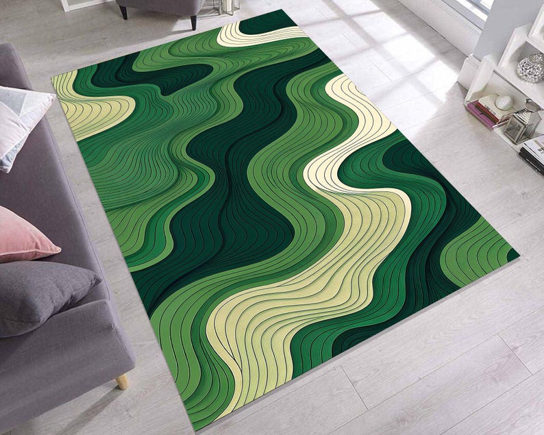 Green Abstract Wavy Lines Rug – Modern Optical Illusion Carpet