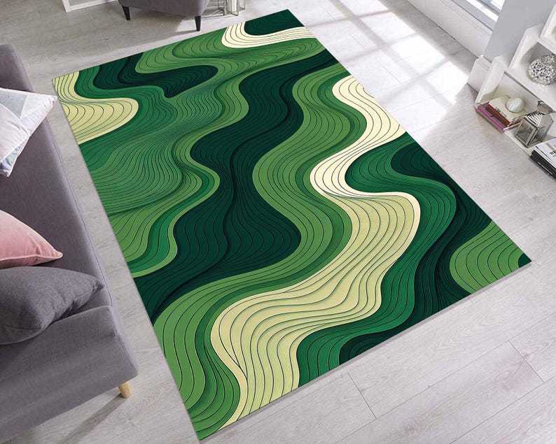 Green Abstract Wavy Lines Rug – Modern Optical Illusion Carpet