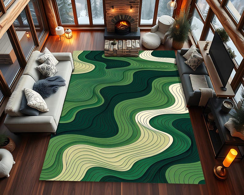 Green Abstract Wavy Lines Rug – Modern Optical Illusion Carpet
