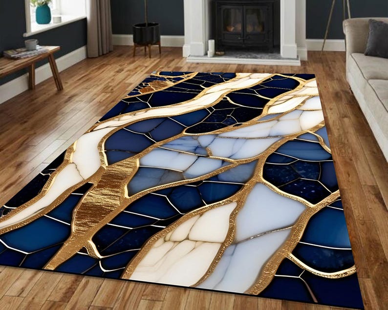 Navy Blue Gold Marble Rug – Modern Abstract Art Carpet