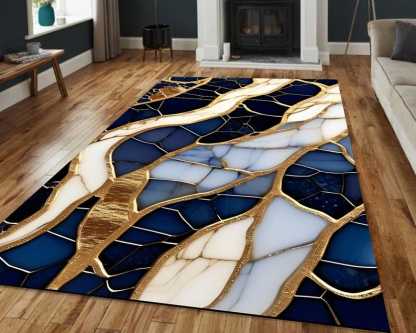 Navy Blue Gold Marble Rug – Modern Abstract Art Carpet