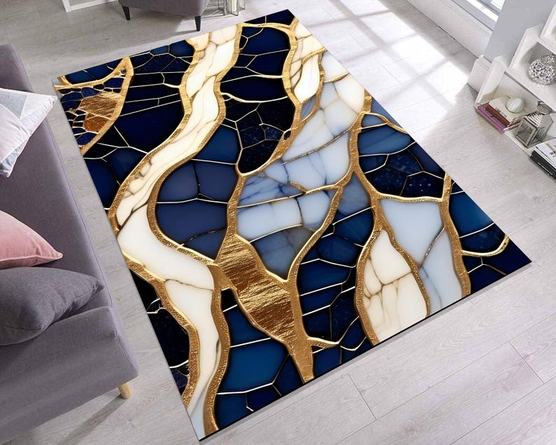 Navy Blue Gold Marble Rug – Modern Abstract Art Carpet