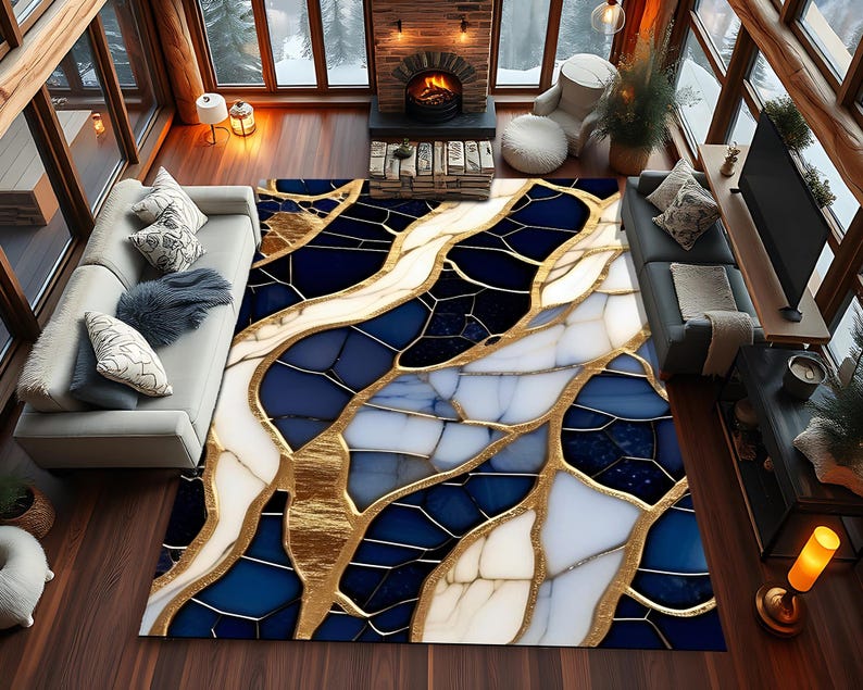 Navy Blue Gold Marble Rug – Modern Abstract Art Carpet
