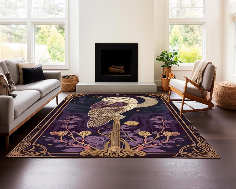 Barn Owl Night Sky Rug – Mystic Forest Guardian Carpet with Red Moon Scene