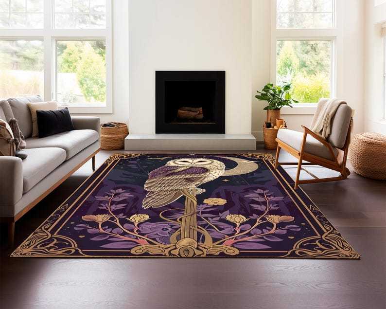 Barn Owl Night Sky Rug – Mystic Forest Guardian Carpet with Red Moon Scene