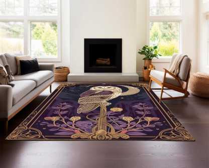 Barn Owl Night Sky Rug – Mystic Forest Guardian Carpet with Red Moon Scene