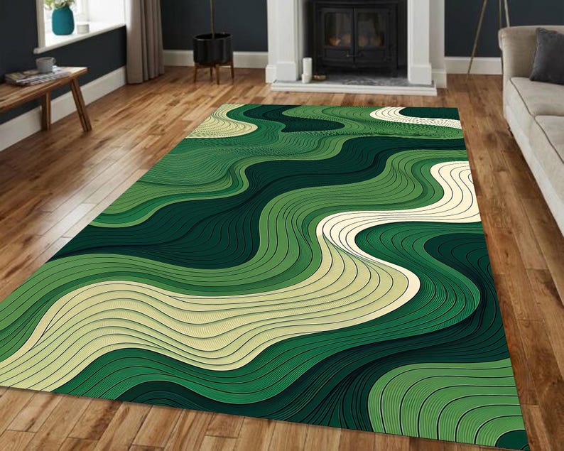 Green Abstract Wavy Lines Rug – Modern Optical Illusion Carpet