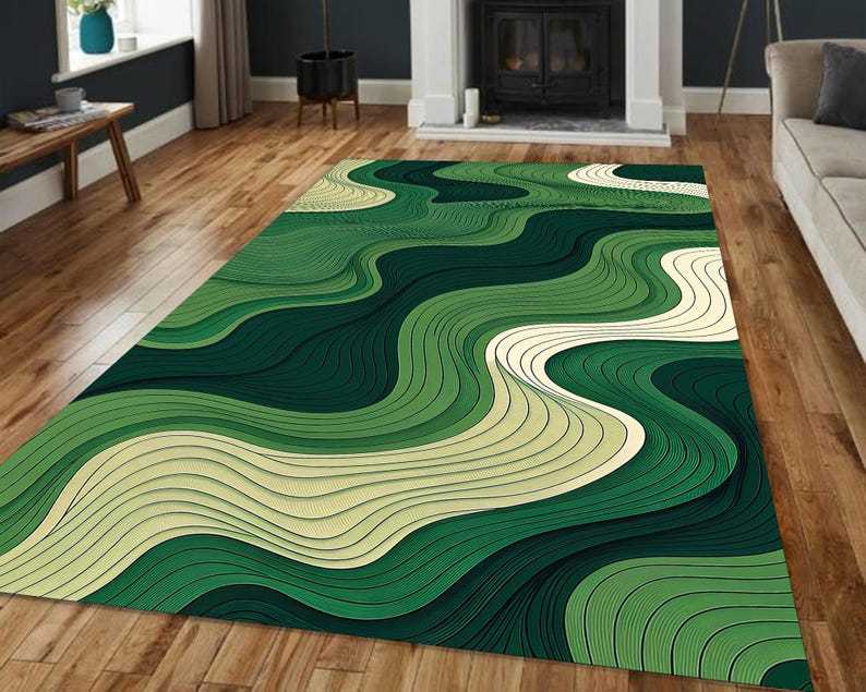 Green Abstract Wavy Lines Rug – Modern Optical Illusion Carpet