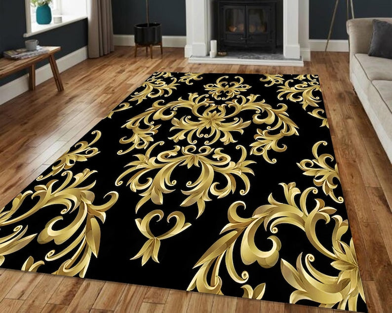 Baroque Damask Rug – Gold on Black Maximalist Glam Carpet