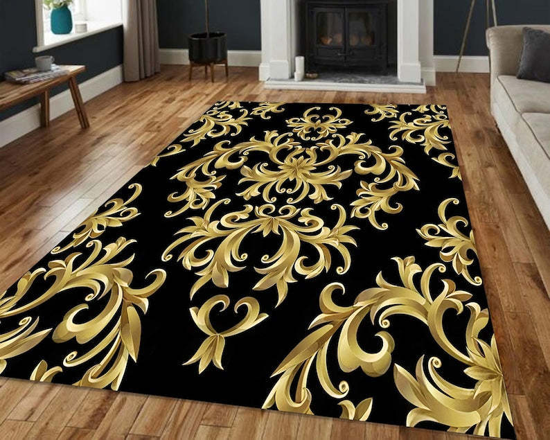 Baroque Damask Rug – Gold on Black Maximalist Glam Carpet