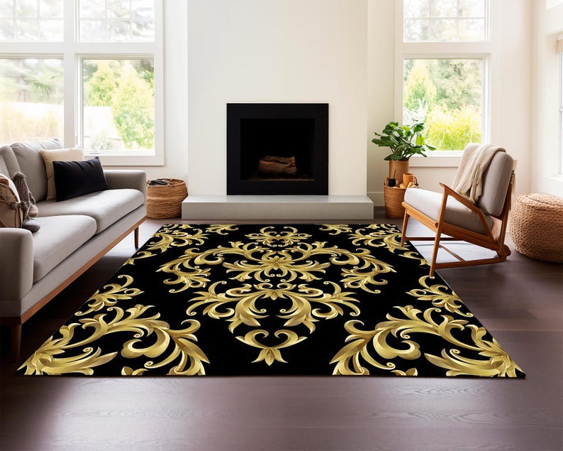 Baroque Damask Rug – Gold on Black Maximalist Glam Carpet