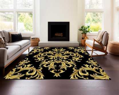 Baroque Damask Rug – Gold on Black Maximalist Glam Carpet