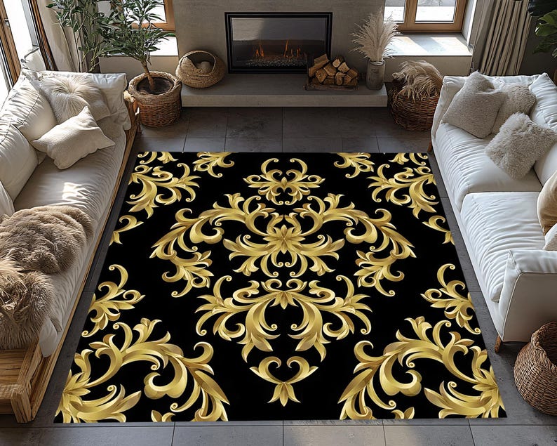 Baroque Damask Rug – Gold on Black Maximalist Glam Carpet
