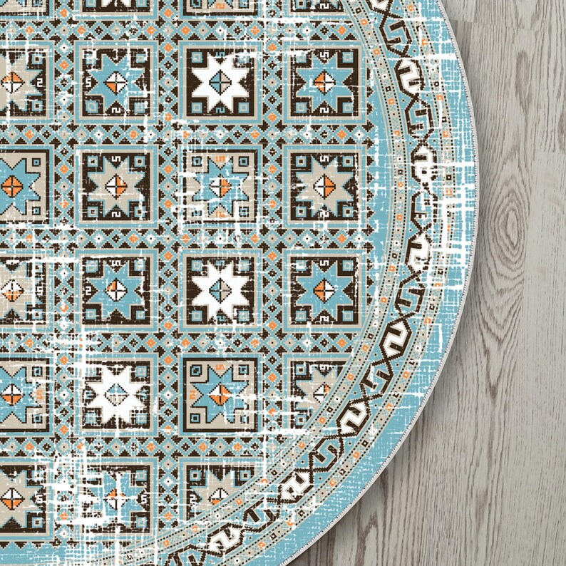 Aqua turquoise oriental round rug for a rustic, vintage bohemian vibe