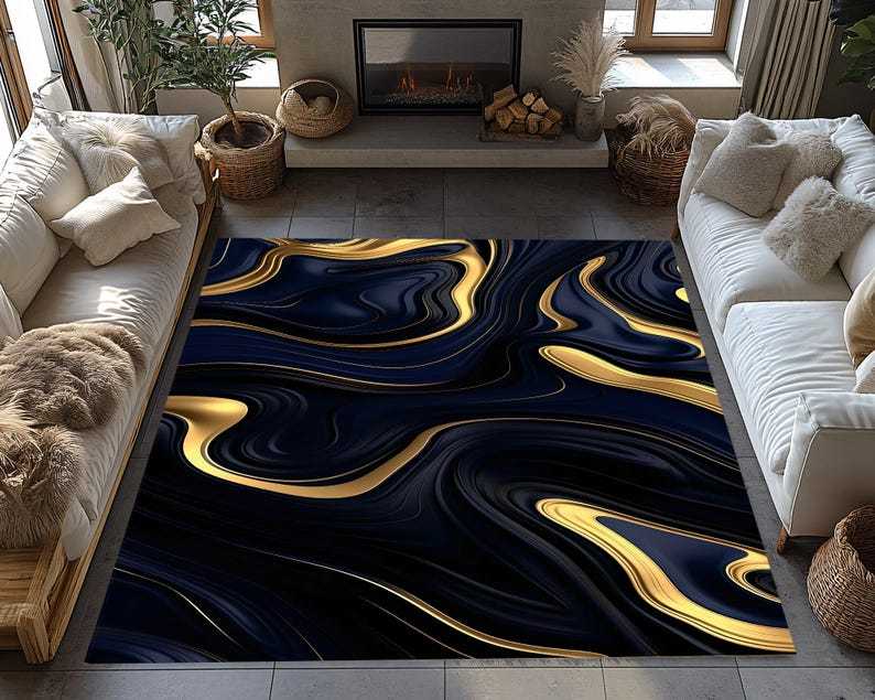 Black and Gold Abstract Rug – Glam Modern Home Decor Carpet