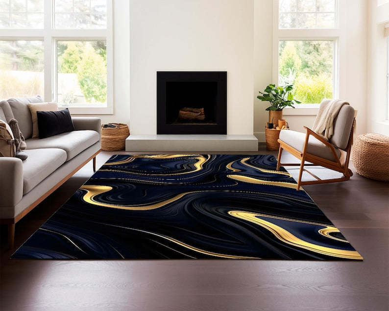 Black and Gold Abstract Rug – Glam Modern Home Decor Carpet