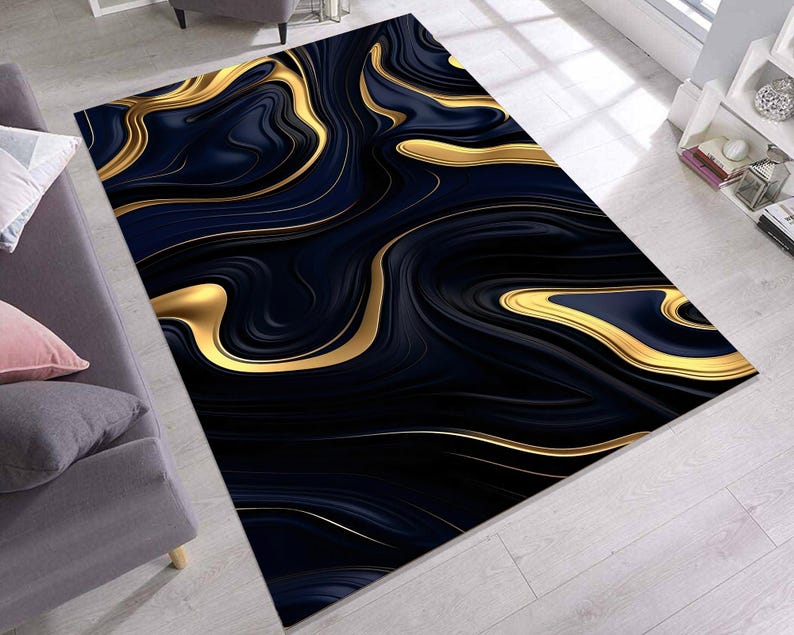 Black and Gold Abstract Rug – Glam Modern Home Decor Carpet